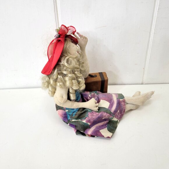 Handmade Fabric Artist Doll With Curly Hair & Red Hat Holding Suitcase - Picture 3 of 8